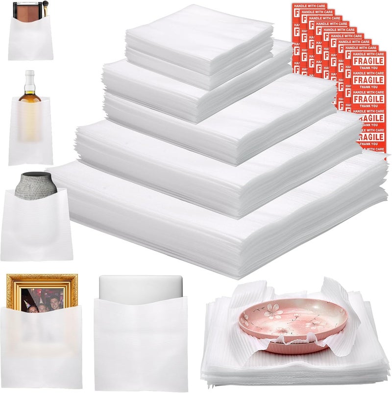 VIOBEPASS 160 Pcs Packing Moving Foam Pouches & Sheets, 5 Sizes Cushion Foam Wrap Pouches with Fragile Stickers for Protect Dishes Cup Glasses Storage Supplies (7.8X7.8", 7.8X12", 12X12", 14X14", 16X16") - Image 1